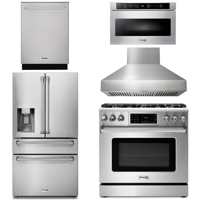 Thor Kitchen Package - 36" Gas Range, Range Hood, Microwave, Refrigerator with Water and Ice Dispenser, Dishwasher, AP-TRG3601-W-9