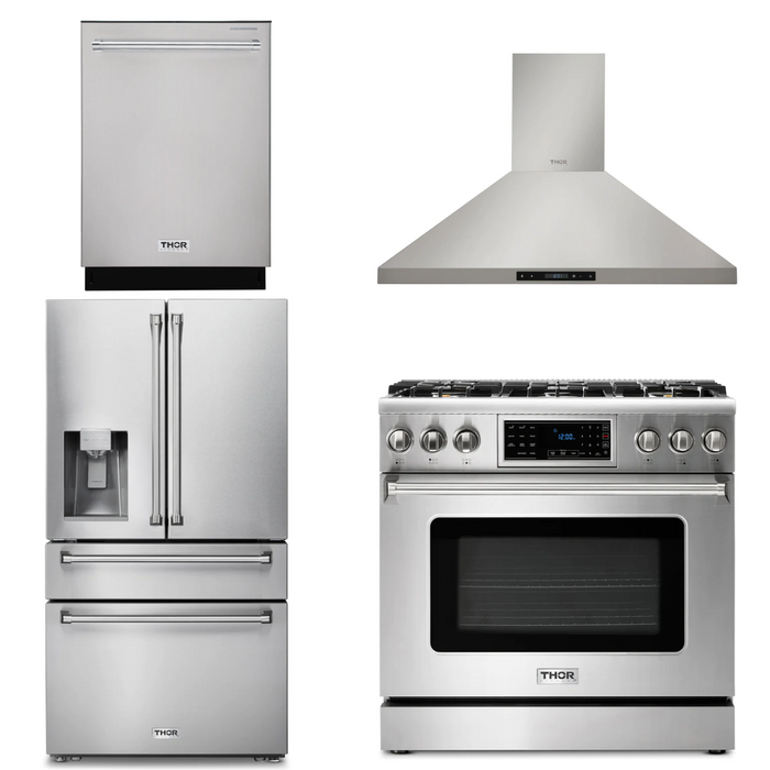 Thor Kitchen Package - 36" Propane Gas Range, Range Hood, Refrigerator with Water and Ice Dispenser, Dishwasher, AP-TRG3601LP-10