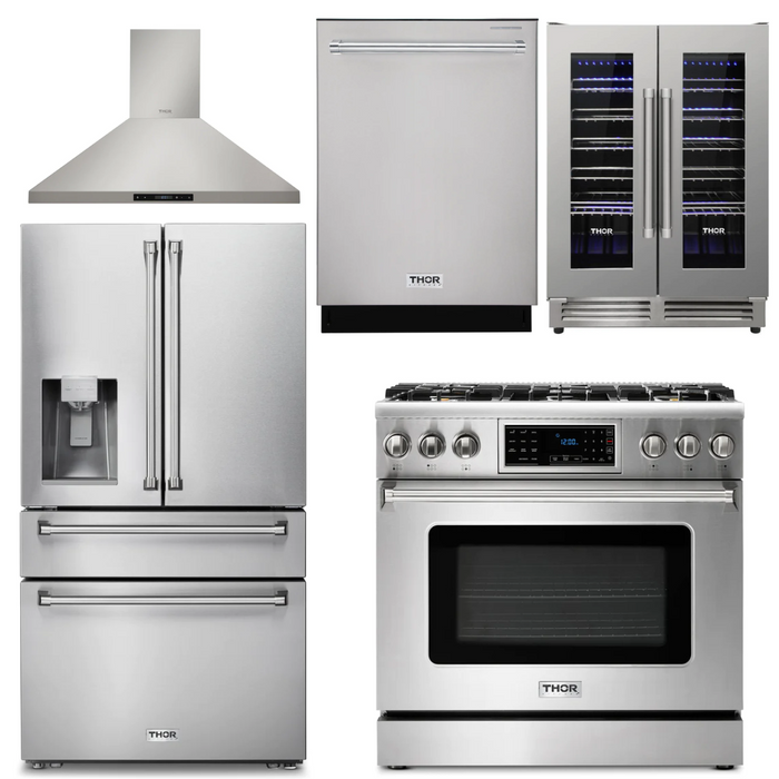 Thor Kitchen Package - 36" Propane Gas Range, Range Hood, Refrigerator with Water and Ice Dispenser, Dishwasher, Wine Cooler, AP-TRG3601LP-11