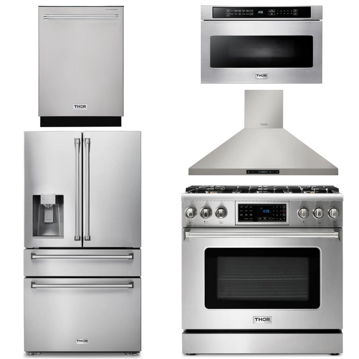 Thor Kitchen Package - 36" Propane Gas Range, Range Hood, Microwave Drawer, Refrigerator with Water & Ice Dispenser, Dishwasher