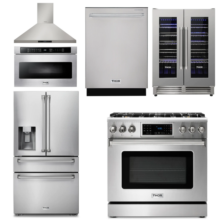 Thor Kitchen Package - 36" Gas Range, Range Hood, Microwave, Refrigerator with Water and Ice Dispenser, Dishwasher, Wine Cooler, AP-TRG3601LP-14