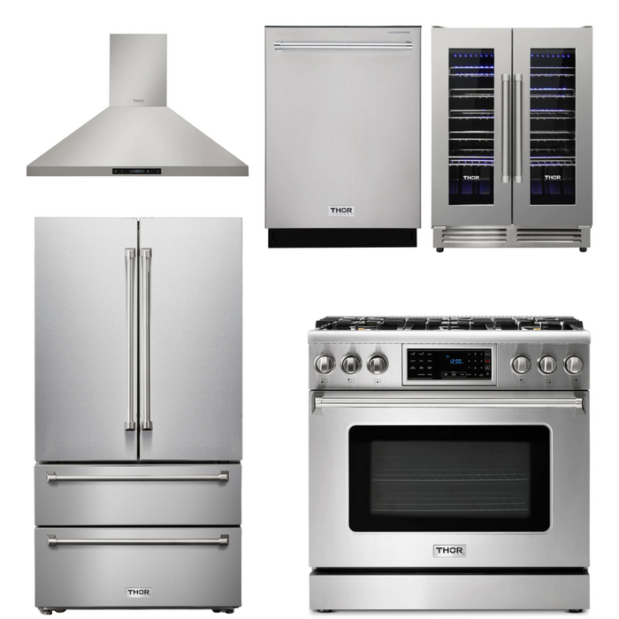 Thor Kitchen Package - 36" Propane Gas Range, Range Hood, Refrigerator, Dishwasher, Wine Cooler, AP-TRG3601LP-4