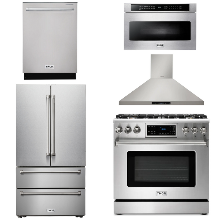 Thor Kitchen Package - 36" Propane Gas Range, Range Hood, Microwave, Refrigerator, Dishwasher, AP-TRG3601LP-7