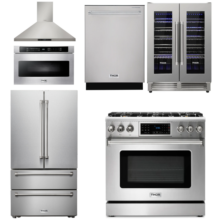 Thor Kitchen Package - 36" Gas Range, Range Hood, Microwave, Refrigerator, Dishwasher, Wine Cooler, AP-TRG3601LP-8