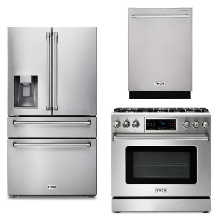 Thor Kitchen Package - 36" Propane Gas Range, Refrigerator with Water and Ice Dispenser, Dishwasher, AP-TRG3601LP-9