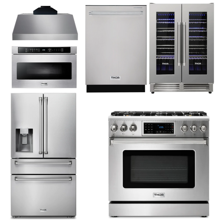 Thor Kitchen Package - 36" Gas Range, Range Hood, Microwave, Refrigerator with Water and Ice Dispenser, Dishwasher, Wine Cooler, AP-TRG3601LP-C-10