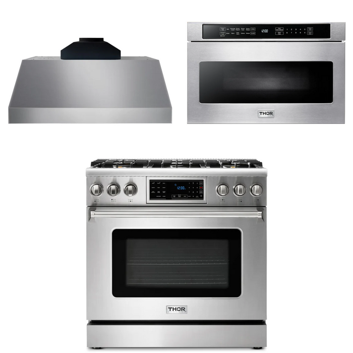 Thor Kitchen Package - 36" Propane Gas Range, Range Hood, Microwave, AP-TRG3601LP-C-4