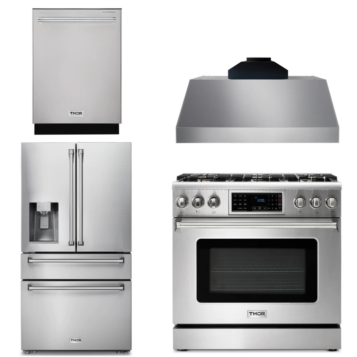 Thor Kitchen Package - 36" Propane Gas Range, Range Hood, Refrigerator with Water and Ice Dispenser, Dishwasher, AP-TRG3601LP-C-7