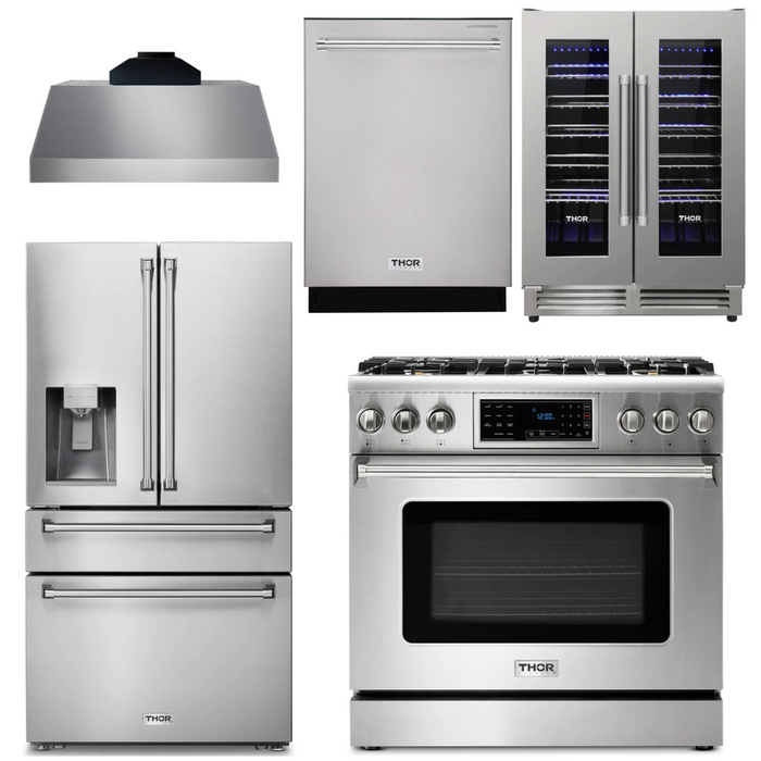 Thor Kitchen Package - 36" Gas Range, Range Hood, Refrigerator with Water and Ice Dispenser, Dishwasher, Wine Cooler, AP-TRG3601LP-C-8