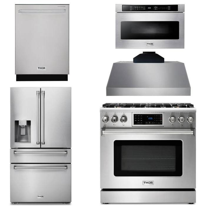 Thor Kitchen Package - 36" Gas Range, Range Hood, Microwave, Refrigerator with Water and Ice Dispenser, Dishwasher, AP-TRG3601LP-C-9