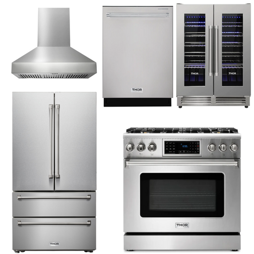 THOR Kitchen Package - 36" Gas Range, Range Hood, Refrigerator, Dishwasher, Wine Cooler, AP-TRG3601LP-W-3