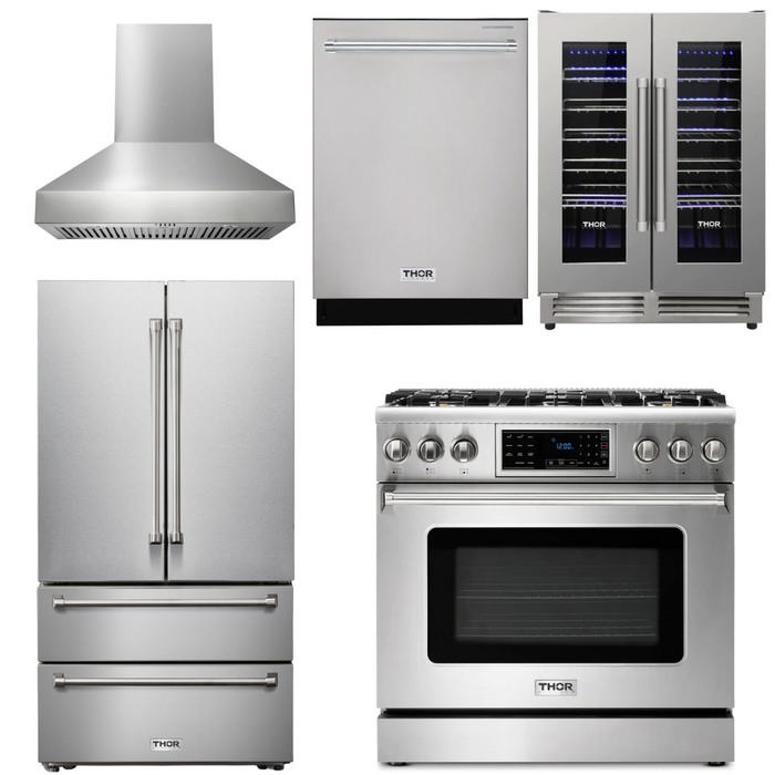 Thor Kitchen Package - 36" Gas Range, Range Hood, Refrigerator, Dishwasher, Wine Cooler, AP-TRG3601LP-W-3