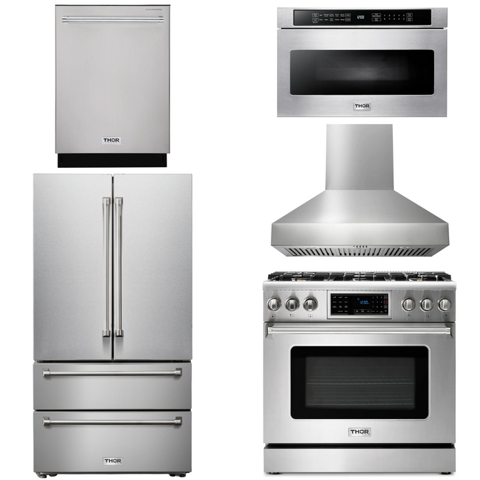 Thor Kitchen Package - 36" Gas Range, Range Hood, Microwave, Refrigerator, Dishwasher, AP-TRG3601LP-W-5