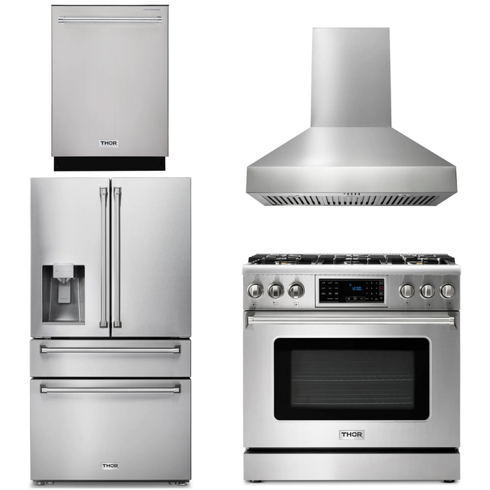 Thor Kitchen Package - 36" Gas Range, Range Hood, Refrigerator with Water and Ice Dispenser, Dishwasher, AP-TRG3601LP-W-7