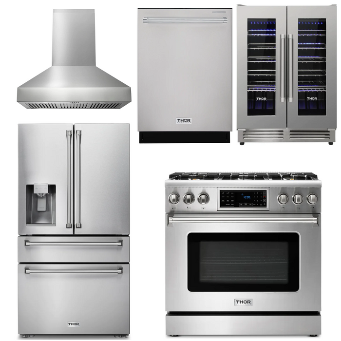 Thor Kitchen Package - 36" Gas Range, Range Hood, Refrigerator with Water and Ice Dispenser, Dishwasher, Wine Cooler, AP-TRG3601LP-W-8