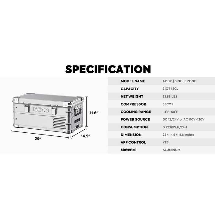 APL20 Light Duty Aluminum Silver Freezer Single Zone | ICECO | 20 LT