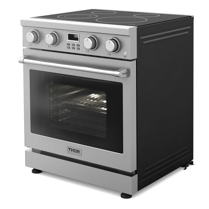 Thor Kitchen Package - 30" Electric Range, Range Hood, Refrigerator with Water and Ice Dispenser, Dishwasher, AP-ARE30-W-7