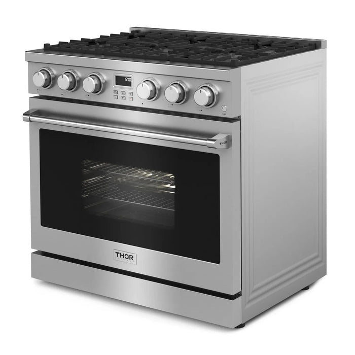 THOR Kitchen Package - 36" Gas Range, Range Hood, Refrigerator, Dishwasher, Wine Cooler, AP-ARG36-C-3