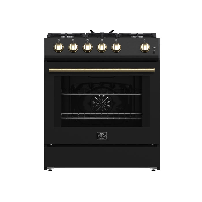 Forno Leonardo Espresso 30-Inch Black Gas Range, 5 Burners, 39,500 BTU, 5 cu.ft Convection Oven