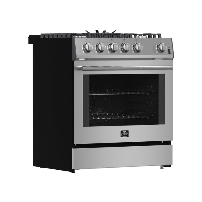 Forno Leonardo 30-Inch Stainless Steel Gas Range, 5 Sealed Burners (Totaling 68,000 BTU), 4.32 cu.ft. Convection Oven, Continuous Cast Iron Grates, Black Enamel Interior, Auto Re-Ignition, LP Conversion Kit Included