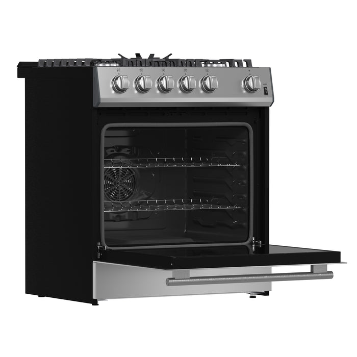 Forno Leonardo 30-Inch Stainless Steel Gas Range, 5 Sealed Burners (Totaling 68,000 BTU), 4.32 cu.ft. Convection Oven, Continuous Cast Iron Grates, Black Enamel Interior, Auto Re-Ignition, LP Conversion Kit Included