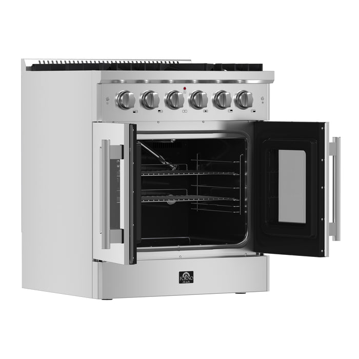 Forno Galiano 30-Inch Freestanding French Door Gas Range, 4 Burners, Convection Oven, Energy Efficient