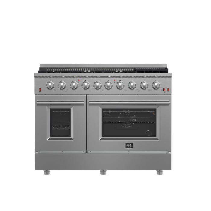 FORNO Premium 3-Piece Kitchen Bundle - FORNO Galiano 48" Freestanding Gas Range, FORNO Maderno 60" 2-Piece Convertible Refrigerator/Freezer Built-In with Decorative Grill Trim, 27.2 cu.ft., FORNO Orvieto 48" Wall Mount Range Hood - FBDL-018-04CAUS