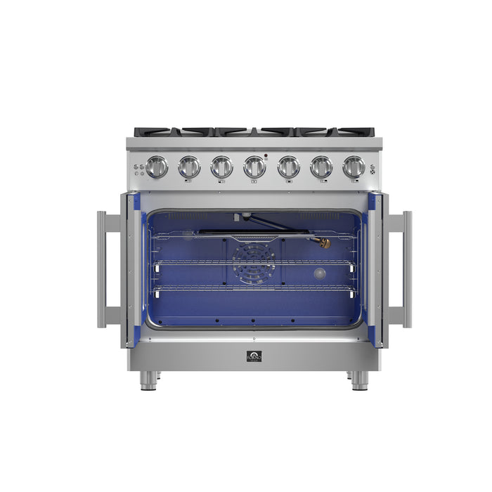 Forno Massimo 36-Inch Freestanding French Door Gas Range, 6 Burners, Convection Oven, Energy Efficient