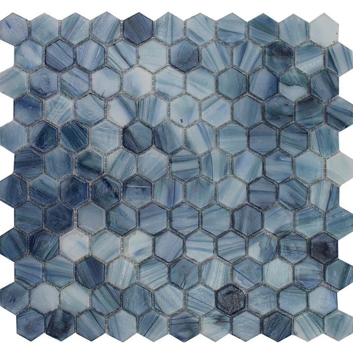 Tanzanite Blue Hex on 10.75"x11.25" Mesh Glass Mosaic Tile Aurora Series - Aquatica Collection