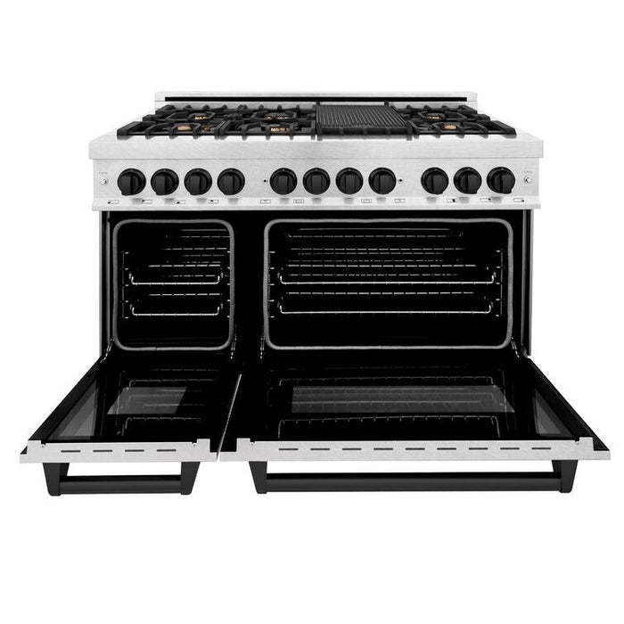 ZLINE Autograph 48 in. Gas Burner/Electric Oven in DuraSnow® Stainless Steel with Matte Black Accents, RASZ-SN-48-MB
