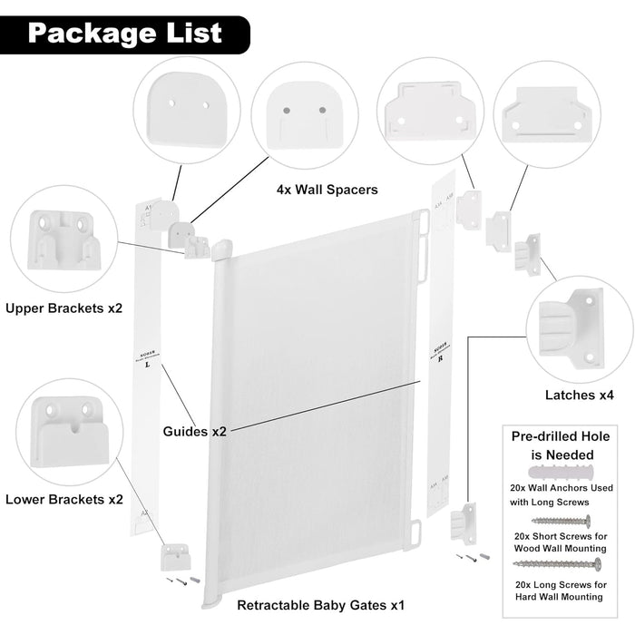 Retractable Mesh Safety Baby Gate Pet Gate 34.4" Tall, Extends up to 71" Wide, White