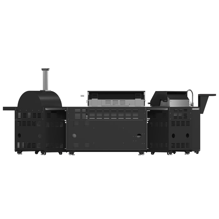 Forno All’Aperto 99,600 BTU Outdoor Kitchen, 5 Burners, Infrared Burners, Side Burner, Black Sintered Stone Countertops, Gas Pizza Oven, Sink Module, Bar & Beverage Center