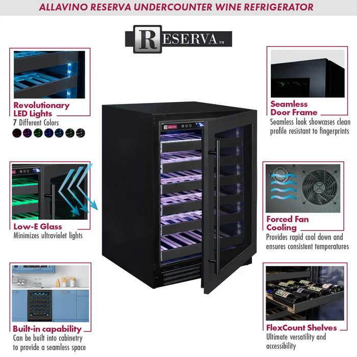 Reserva Series 50 Bottle Single Zone Built-in Luxury Wine Refrigerator with Black Stainless Steel Door - Right Hinge