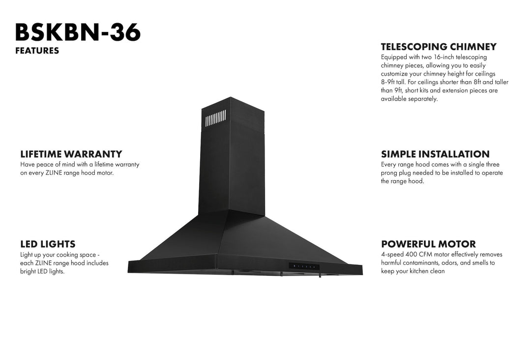 ZLINE 36 in. Convertible Vent Wall Mount Range Hood in Black Stainless Steel, BSKBN-36