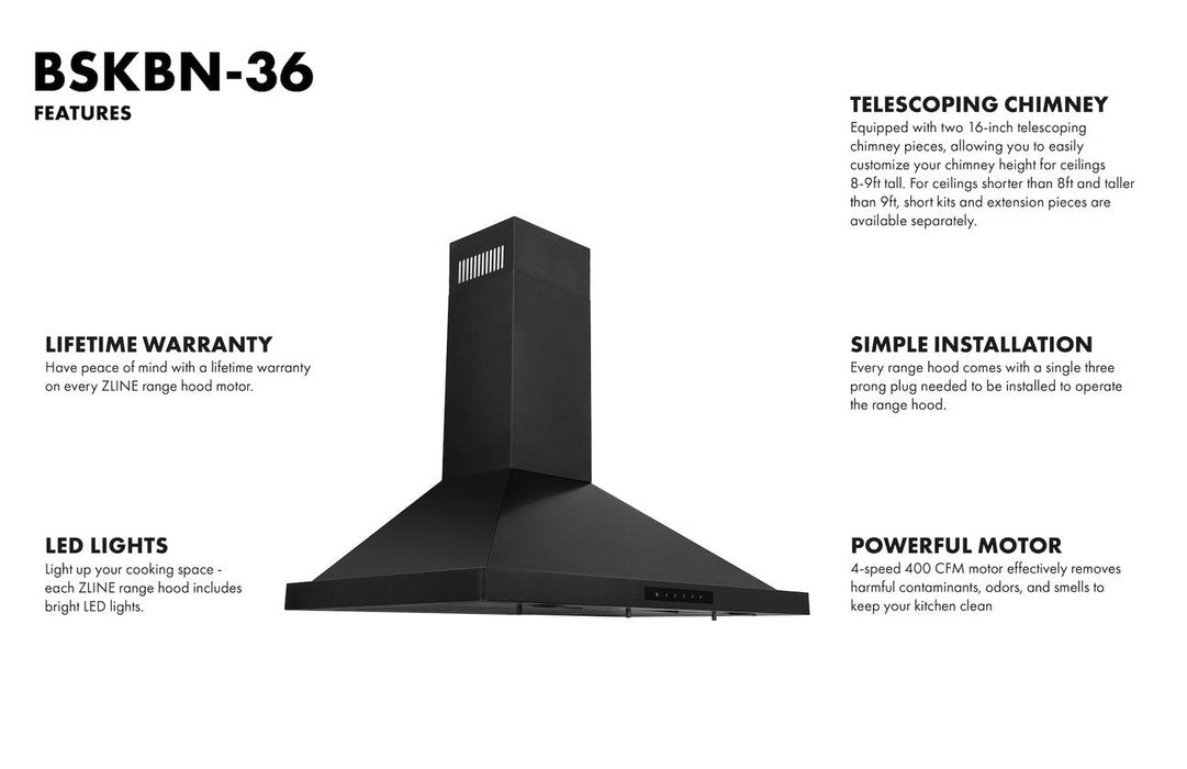 ZLINE Appliance Package 36 in. Gas Range, 36 in. Range Hood - Black Stainless, 2KP-RGBRH36