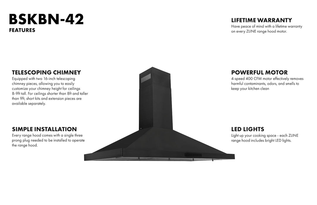 ZLINE 42 in. Convertible Vent Wall Mount Range Hood in Black Stainless Steel, BSKBN-42