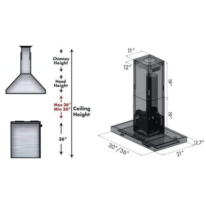 ZLINE 36 In. Convertible Island Mount Range Hood in Black Stainless Steel, BSKE2iN-36