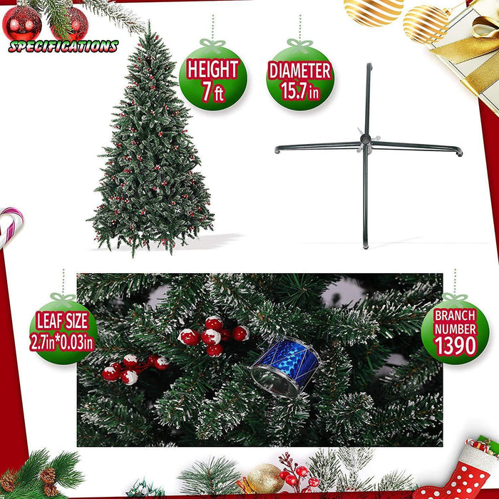 7ft Artificial Christmas Pine Tree Snow Flocked with Red Cheery 1390 Branch Tips and Decoration