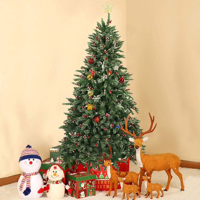 7ft Artificial Christmas Pine Tree Snow Flocked with Red Cheery 1390 Branch Tips and Decoration