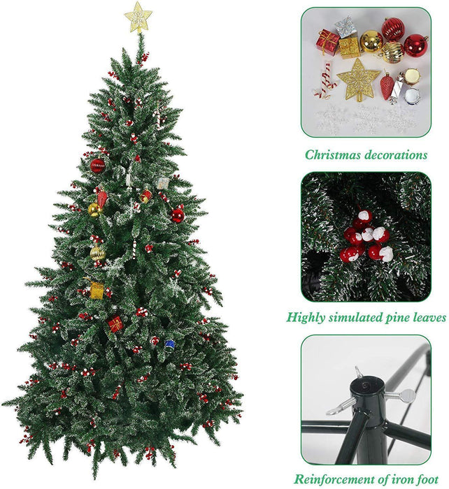 7ft Artificial Christmas Pine Tree Snow Flocked with Red Cheery 1390 Branch Tips and Decoration