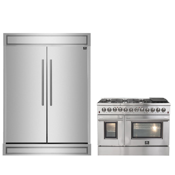 FORNO Premium 2-Piece Kitchen Bundle - Galiano 48" Stainless Steel Dual Fuel Range, Forno Maderno 2-28 " Wide Units with Decorative Trim