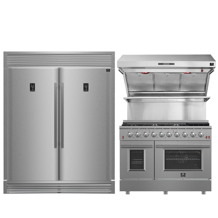 FORNO Premium 3-Piece Kitchen Bundle - FORNO Galiano 48" Freestanding Gas Range, FORNO Rizzuto 60" W. Dual Combo Convertible Refrigerator, FORNO 48" Wall Mount Range Hood