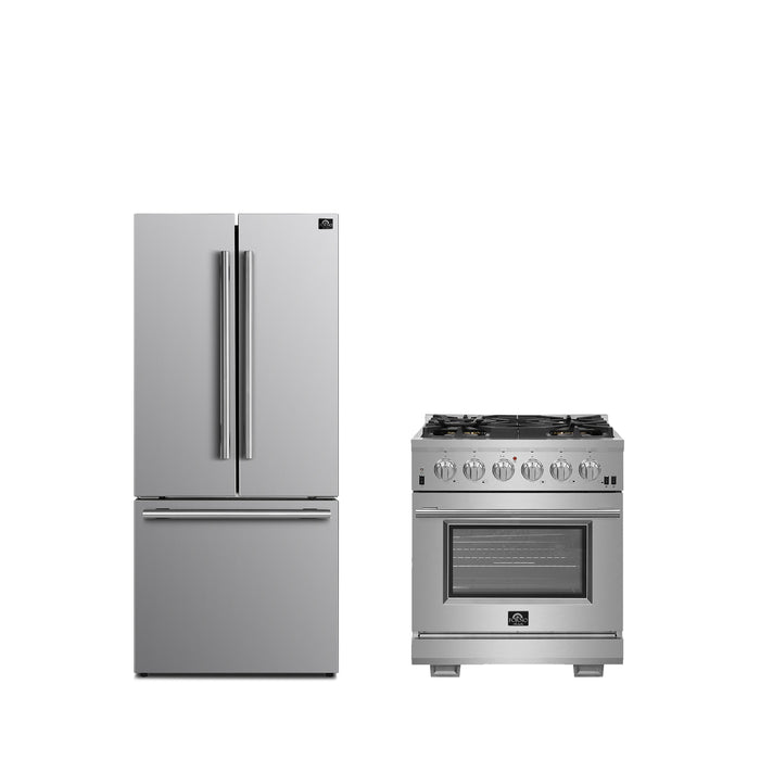 FORNO Premium 2-Piece Kitchen Bundle - Capriasca 30" Stainless Steel Range, Forno Gallipoli 30" French Door Refrigerator with Bottom Freezer 17.5 cu. ft Capacity