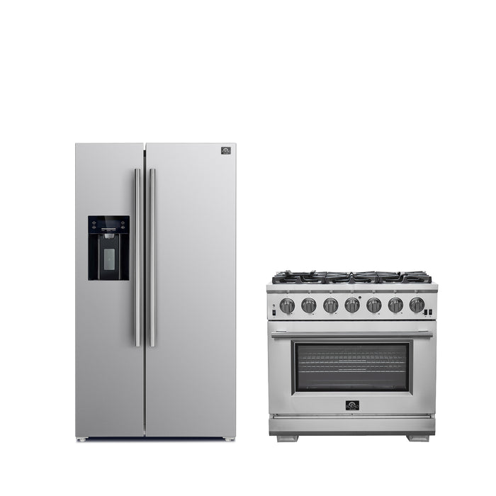 FORNO Premium 2-Piece Kitchen Bundle -Capriasca 36" Stainless Steel Range, Forno Salerno 36" Side by Side Stainless Steel Refrigerator 20 cu.ft