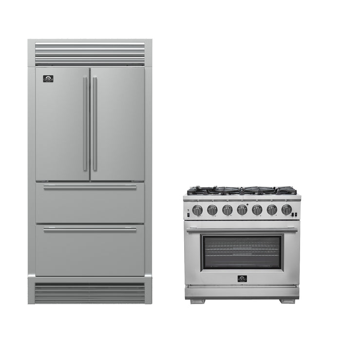 FORNO Premium 2-Piece Kitchen Bundle - Galiano 48" Stainless Steel Range, Forno Moena 36" French Door 19.2 cu. ft Stainless Steel Refrigerator, with Decorative Grill - 40" Wide - FBDL-019-03CAUS