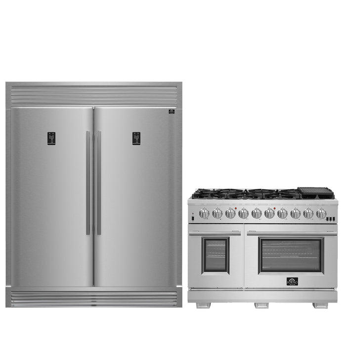 FORNO Premium 2-Piece Kitchen Bundle - Capriasca 48" Stainless Steel Range, Rizzuto 60" W. Dual Combo Convertible Refrigerator.