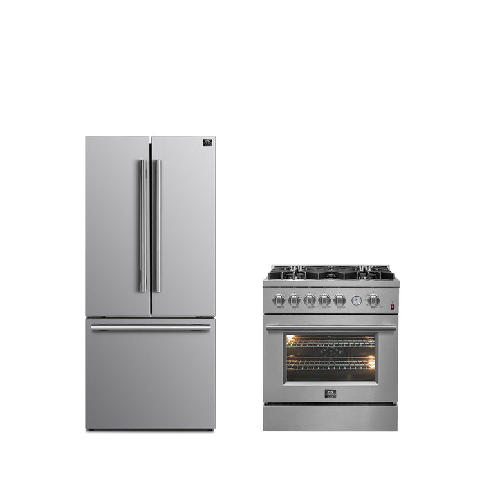 FORNO Premium 2-Piece Kitchen Bundle -Giovanni 30-inch Gas Range Stainless Steel, Forno Gallipoli 30" French Door Refrigerator with Bottom Freezer 17.5 cu. ft Capacity