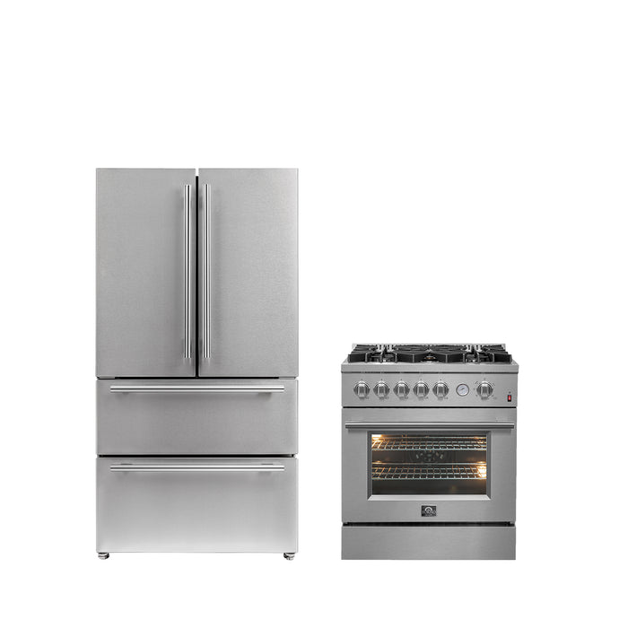 FORNO Premium 2-Piece Kitchen Bundle -Giovanni 30-inch Gas Range Stainless Steel, Forno Moena 36" French Door 19.2 Cu.Ft. Stainless Steel Refrigerator - FBDL-020-02-US