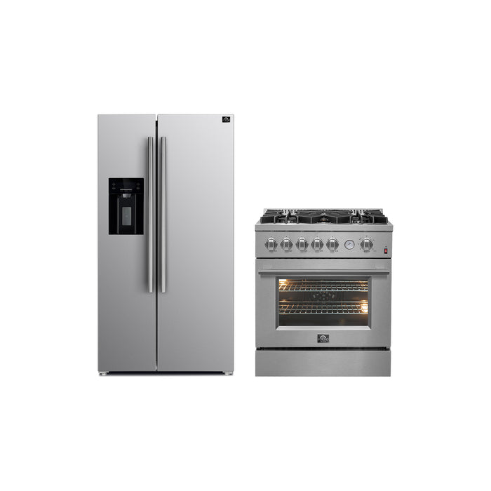 FORNO Premium 2-Piece Kitchen Bundle - Giovanni 30-inch Gas Range Stainless Steel, Forno Salerno 36" Side by Side Stainless Steel Refrigerator 20 cu.ft