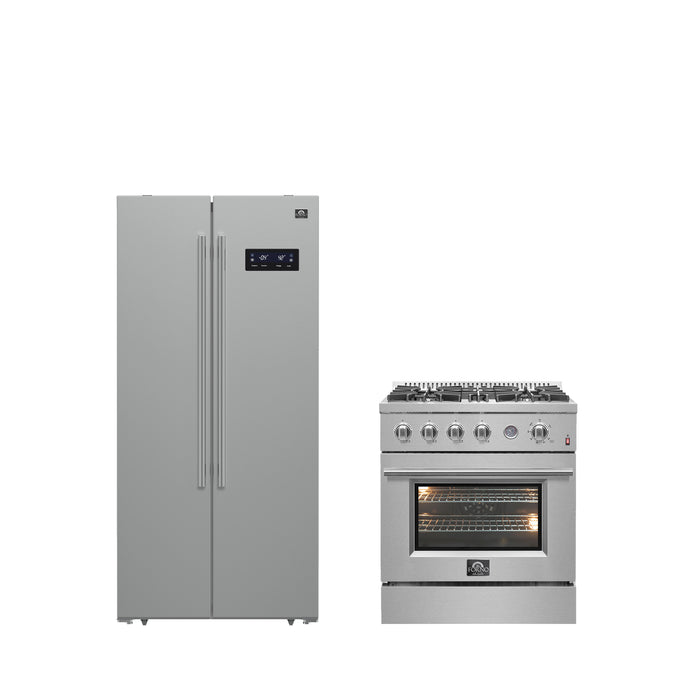 FORNO Premium 2-Piece Kitchen Bundle - Marco 30-inch Gas Range Stainless Steel, Forno Salerno 33" Side-by-Side Stainless Steel Refrigerator 15.6 cu.ft